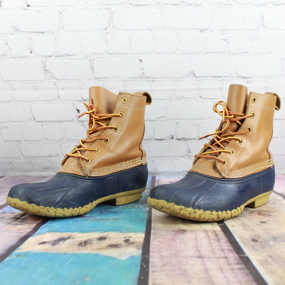 LL Bean Unlined Brown Leather Blue Rubber Duck Bean Boots Size 7 M - Picture 2 of 9